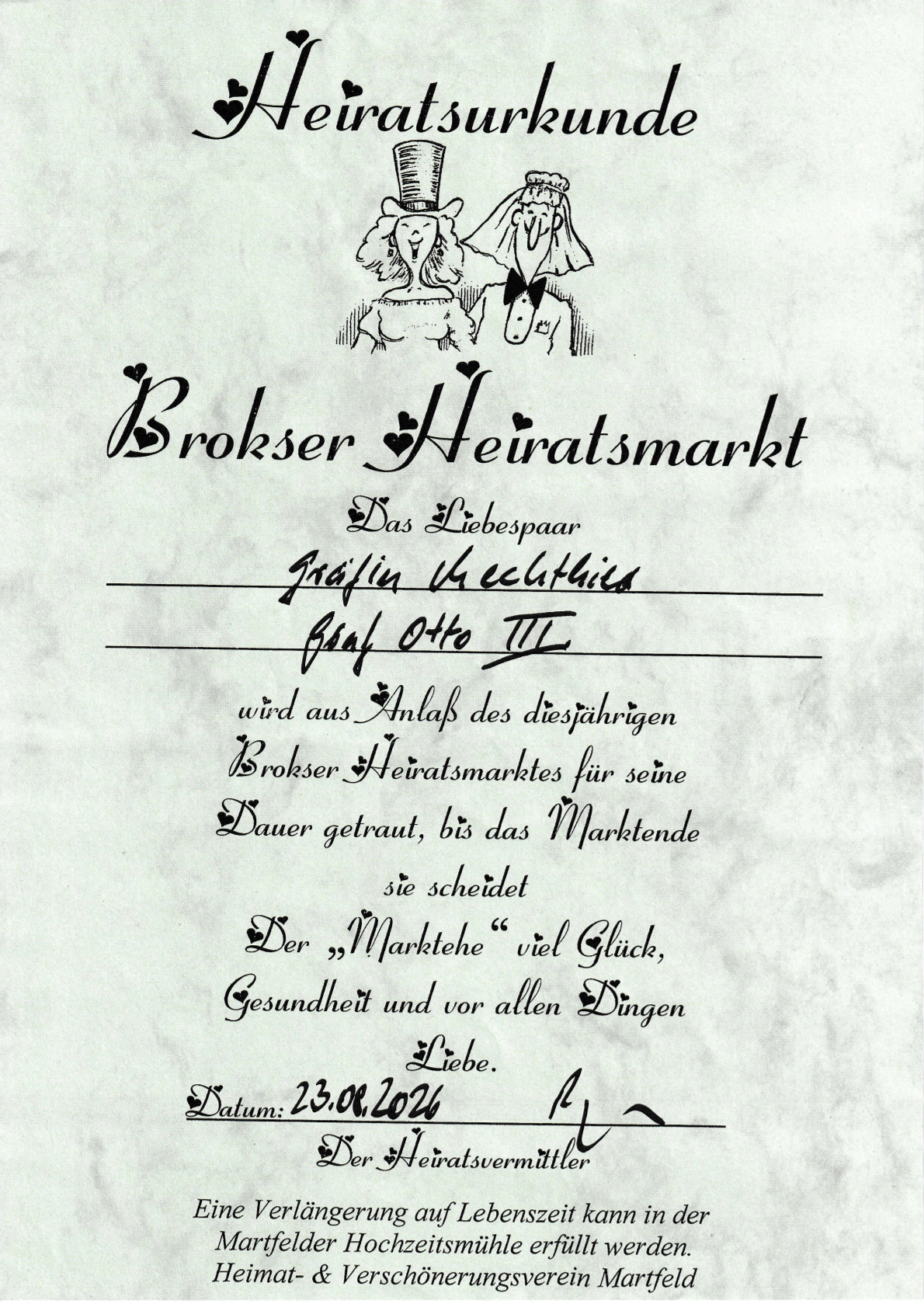Brokser Heiratsmarkt Heiratsurkunde des Grafen Otto III. von Hoya und der Gräfin Mechthild